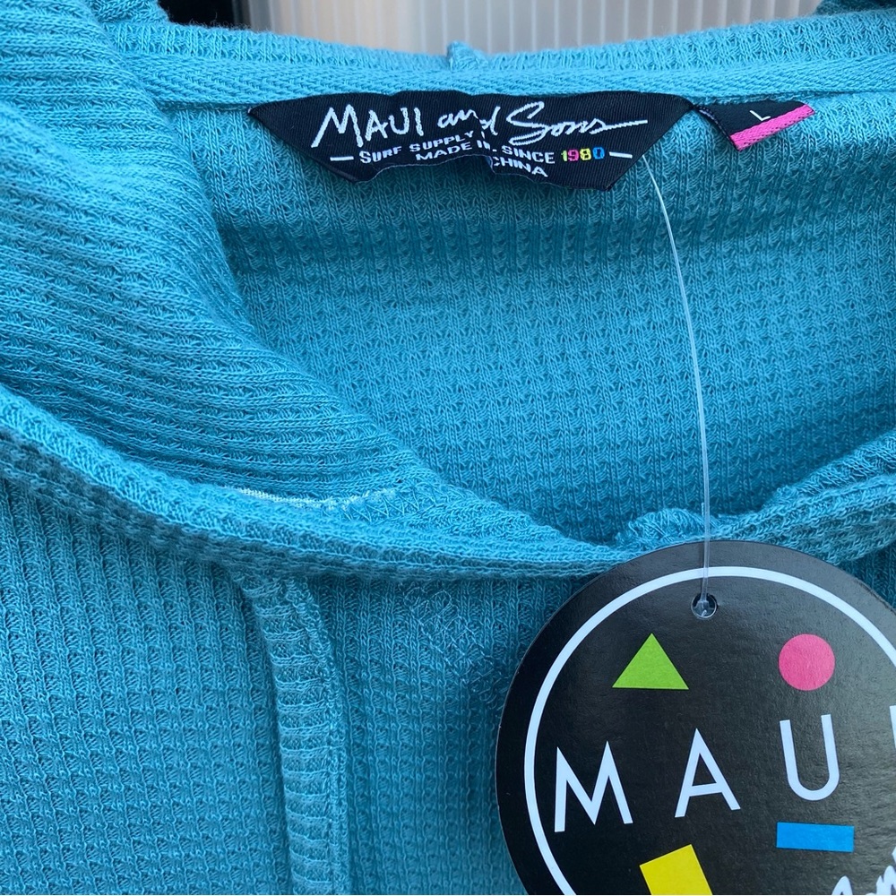 Maui and Sons Aqua Waffle Knit Long sleeve Hoodie NWT Large Fall Winter Staple - Picture 2 of 7